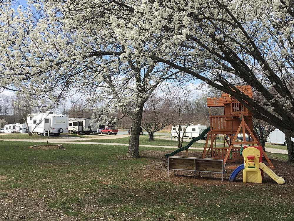 Playground with trees in bloom at DAD'S BLUEGRASS CAMPGROUND