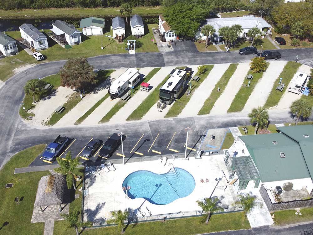 An aerial view of the swimming pool at SONRISE PALMS RV PARK