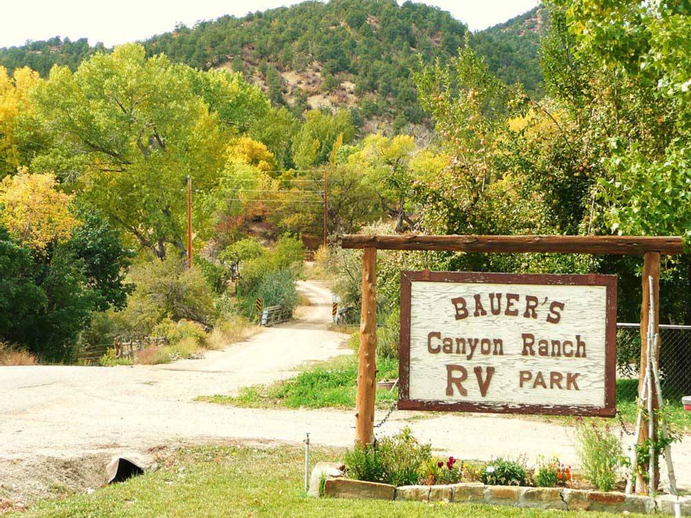 The front entrance sign at BAUER'S CANYON RANCH RV PARK