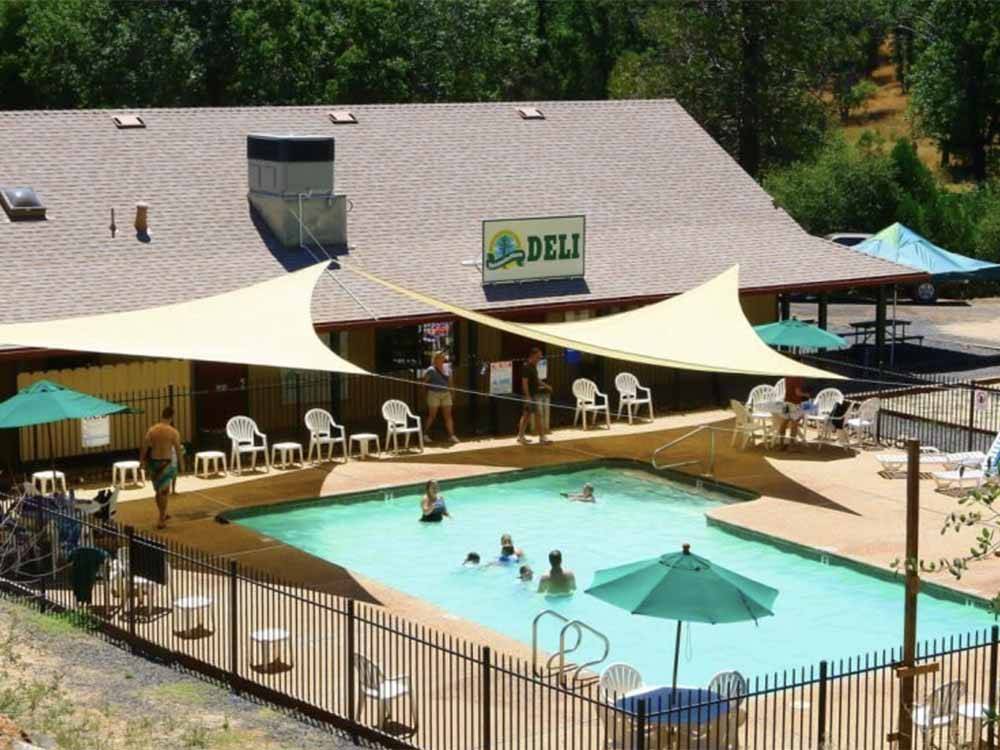 An aerial view of the swimming pool at YOSEMITE PINES RV RESORT AND FAMILY LODGING