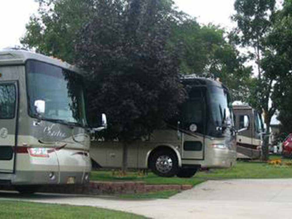 A row of motorhomes in paved RV sites at OWL CREEK MARKET + RV PARK