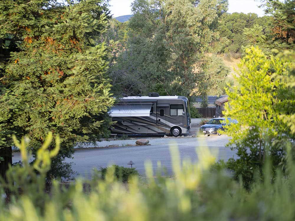 View through the trees of a motorhome at ANGELS CAMP RV RESORT