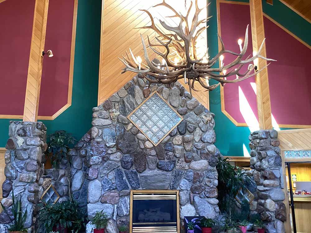 The large stone fireplace at COEUR D'ALENE RV RESORT