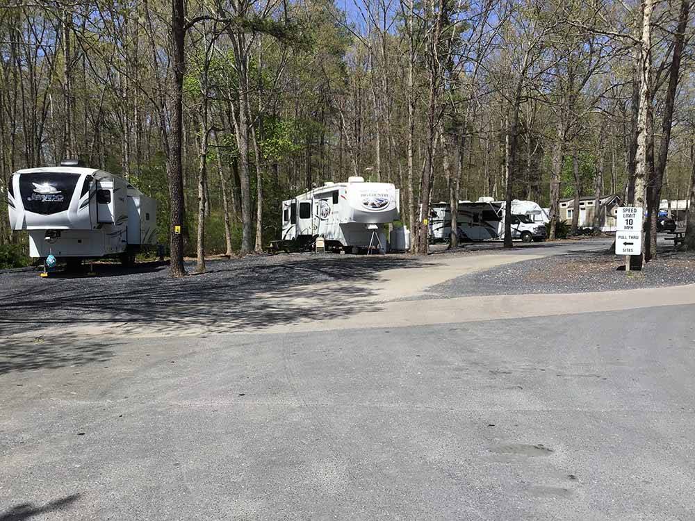 Fifth wheel trailers backed in at WAYNESBORO NORTH 340 CAMPGROUND