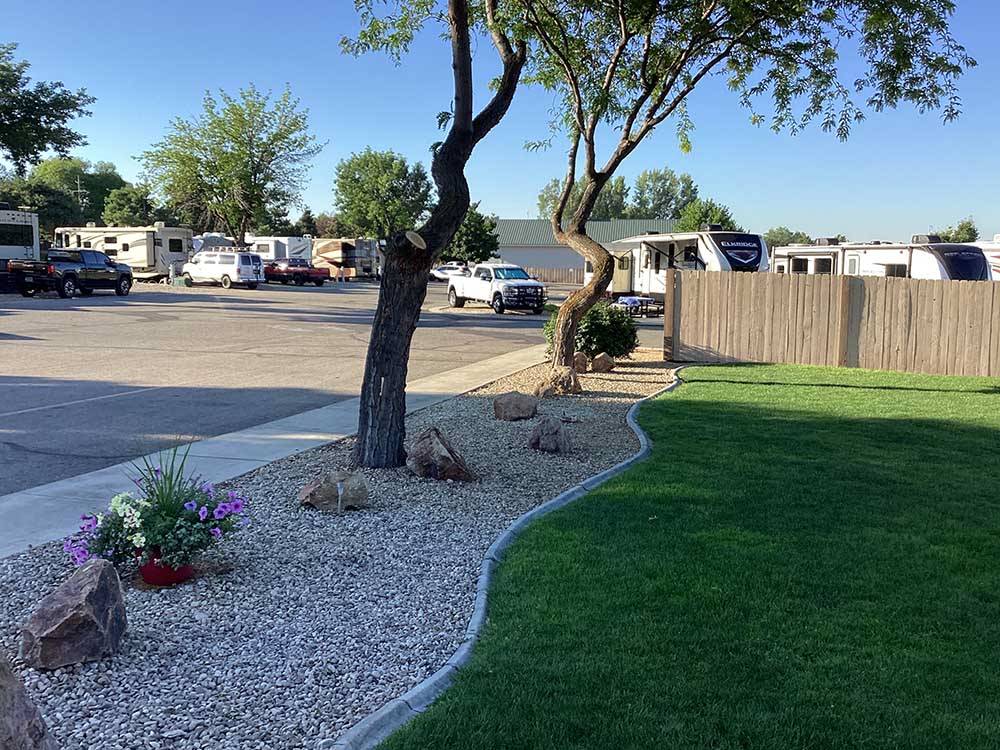 Beautiful landscaping near RV sites at HI VALLEY RV PARK