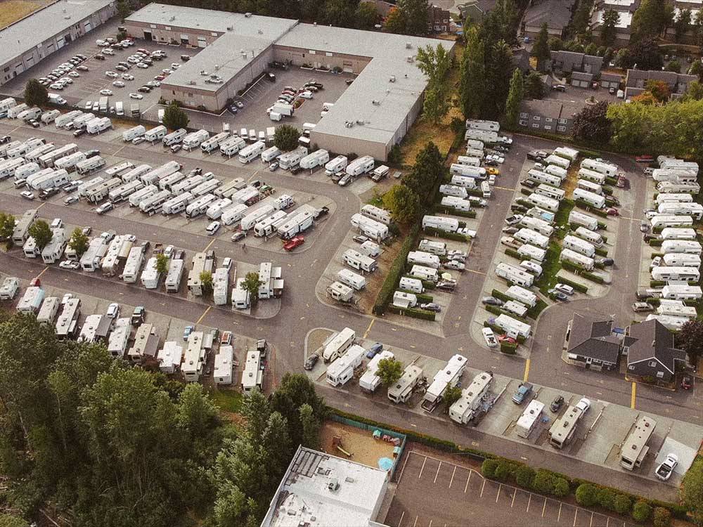 An aerial view of the RV sites at VANCOUVER RV PARK