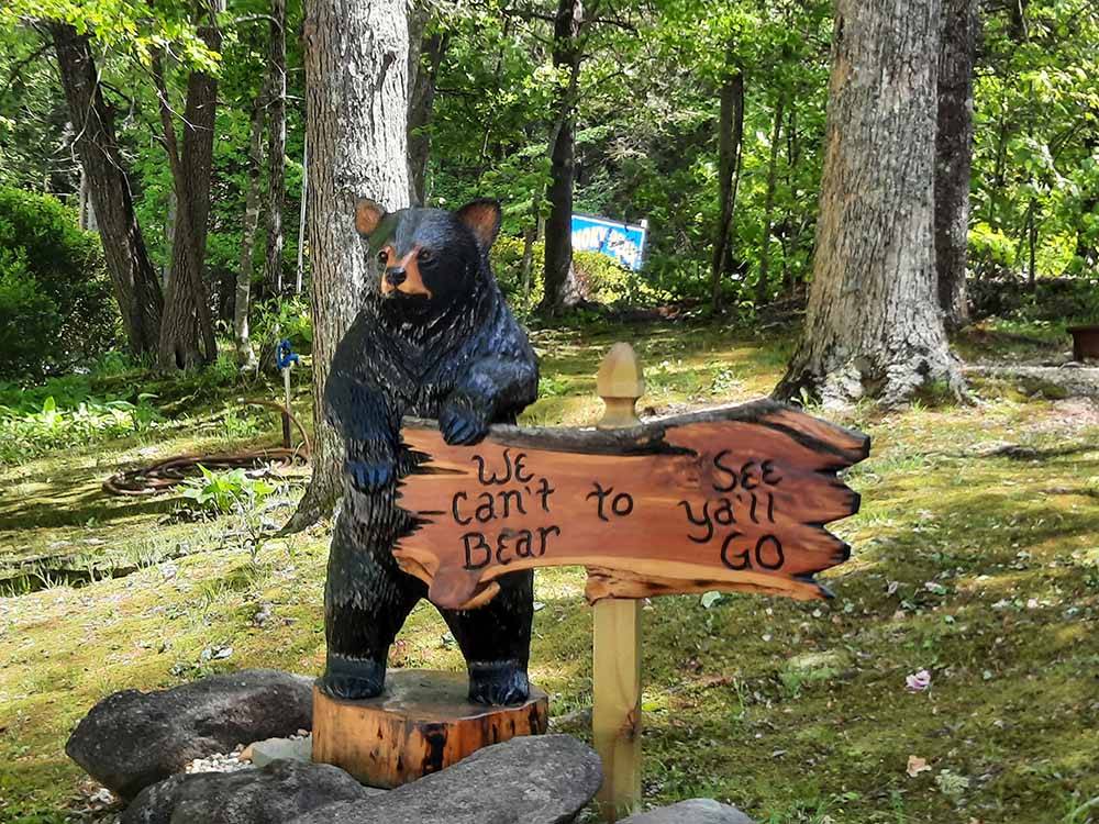 A bear statue at the exit at SMOKY BEAR CAMPGROUND AND RV PARK