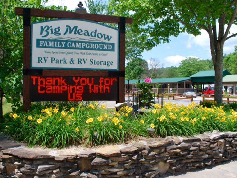 The front entrance sign at BIG MEADOW FAMILY CAMPGROUND