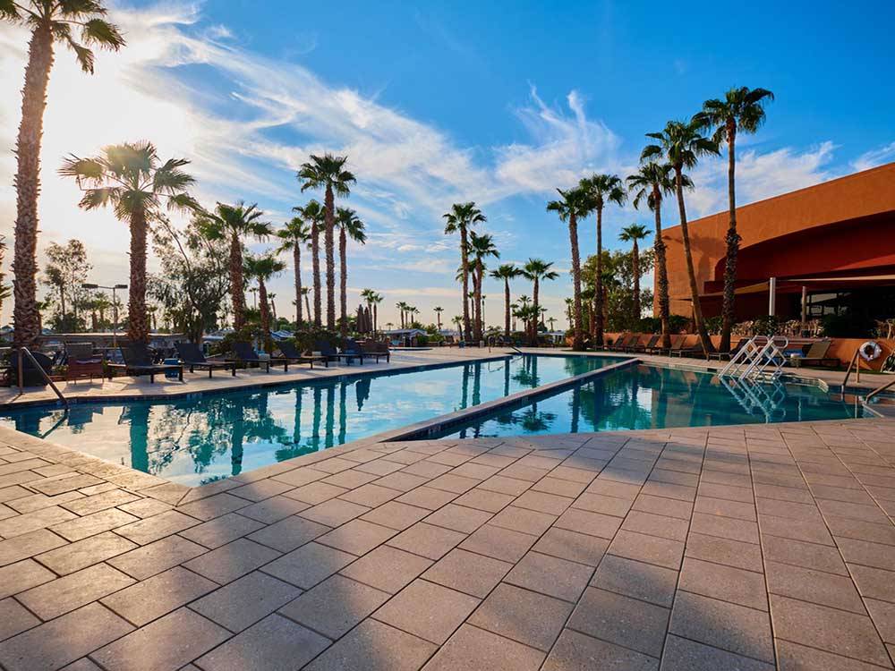 Pool outside main building, with palm trees in background at GOLD CANYON RV & GOLF RESORT