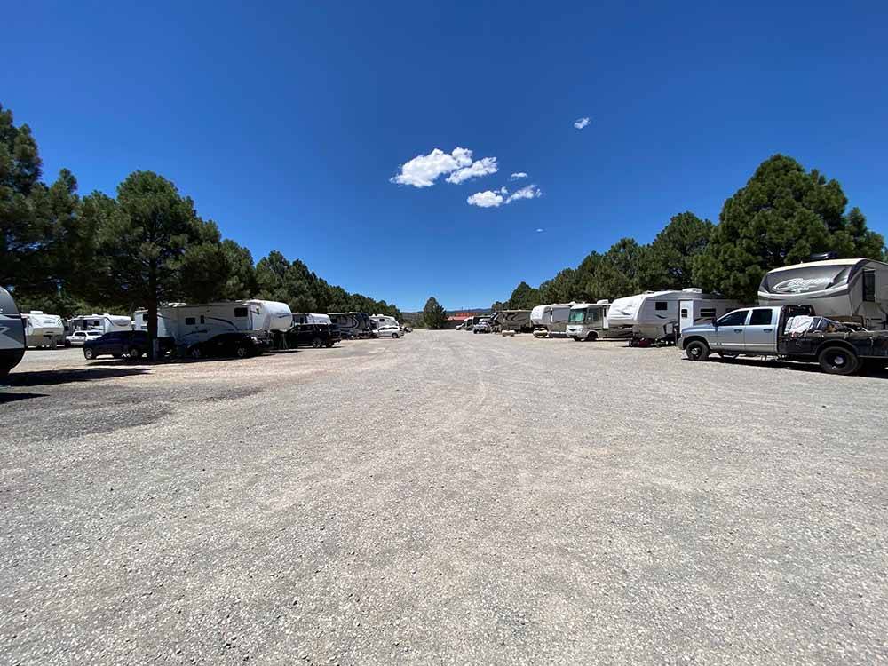 Long gravel road leading to RV sites at BAR S RV PARK