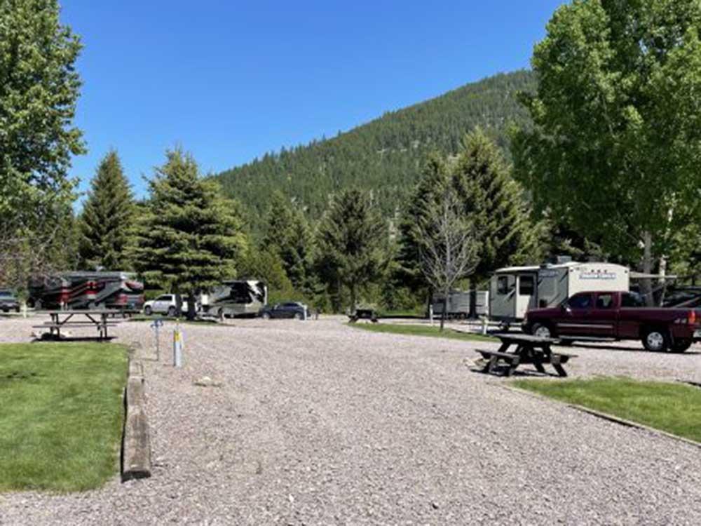 Gravel road leading to RV spots at THE NUGGET RV RESORT