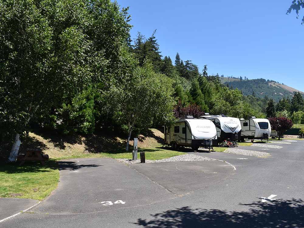 A row of back in RV sites at GORGE BASE CAMP RV PARK