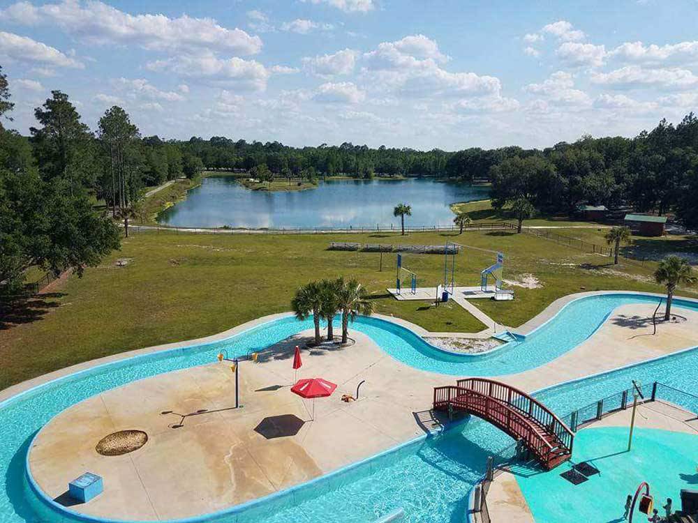 An aerial view of the lazy river and lake at RAGANS FAMILY CAMPGROUND