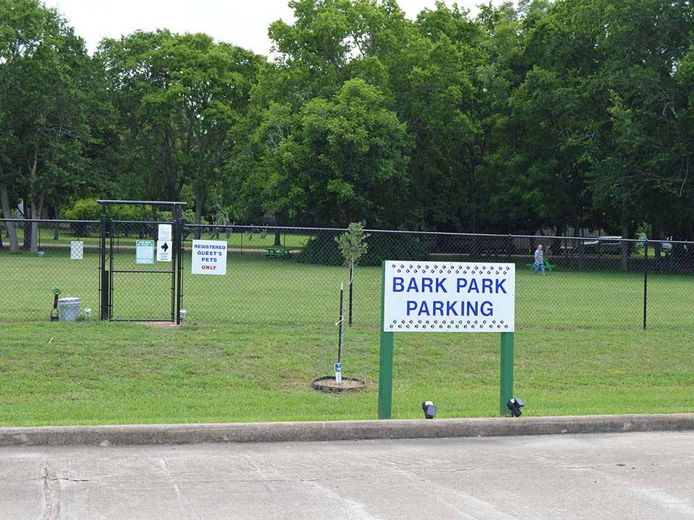 The sign in front of the bark park at COLORADO LANDING RV PARK