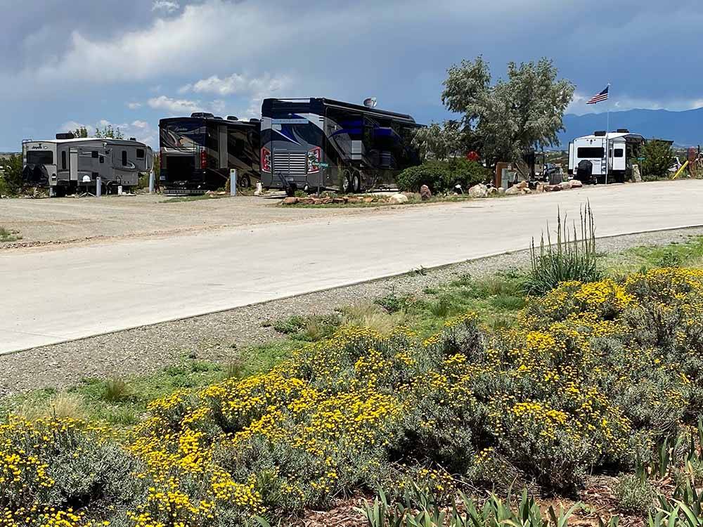 A paved road leading to the RV sites at SANTA FE SKIES RV PARK