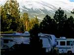 RVs parked in campground with snowy slopes in background at FRIENDLY RV PARK - thumbnail