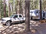 A truck and trailer in a tree covered RV site at HAT CREEK RESORT & RV PARK - thumbnail