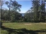 Grassy meadow fringed by forest with lake in background at KUMBERLAND CAMPGROUND - thumbnail