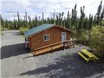 A yellow picnic table next to a lodge room rental at NORTHERN NIGHTS CAMPGROUND - thumbnail