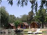 Log cabins along calm water with two pedal boats at end of boat dock at SAC-WEST RV PARK AND CAMPGROUND - thumbnail