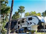 Two campers relax outside of a fifth-wheel amid palm trees at BLUEWAY RV VILLAGE - thumbnail