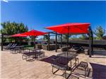 Tables with red umbrellas at COMSTOCK COUNTRY RV RESORT - thumbnail