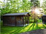 Rustic log cabin with sun peeking through large trees at NARROWS TOO CAMPING RESORT - thumbnail