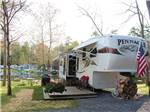 Patriotic themed trailer on lake with cabins in background at ALPINE LAKE RV RESORT - thumbnail