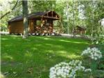 Peaceful log cabin with lush grassy area surrounding at BLACKHAWK CAMPING RESORT - thumbnail