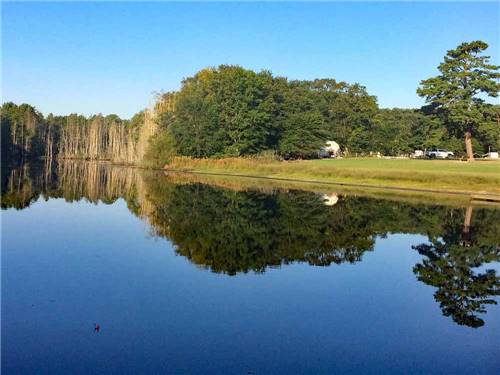 Beautiful, still lake with reflection of trees at BROOKVILLE CAMPGROUND
