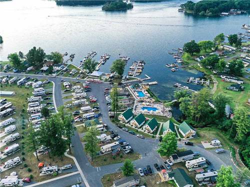 An aerial view of the campsites along the water at SWAN BAY RESORT
