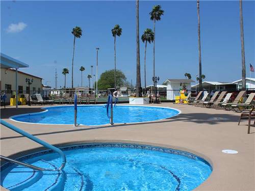 The pool and palm trees at RIO VALLEY ESTATES 55+ MOBILE/RV PARK
