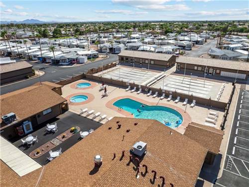 Aerial view of the swimming pool and shuffleboard courts at ROCK SHADOWS