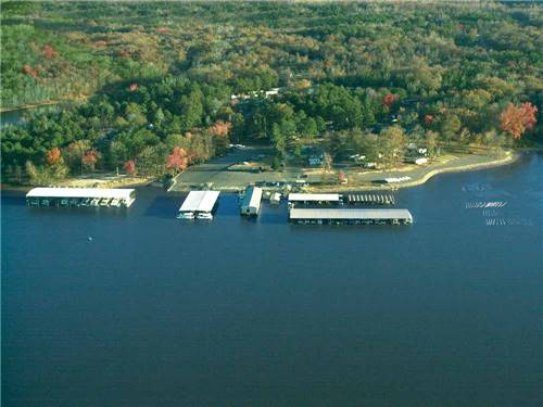 Aerial view of the boat docks at BIRDSONG RESORT & MARINA LAKESIDE RV & TENT CAMPGROUND