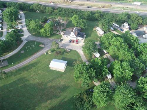 An aerial view of the main building at KAMP KOMFORT RV PARK & CAMPGROUND
