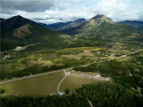 An aerial view of the campsites and surrounding area at GLACIER MEADOW RV PARK