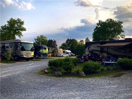 Motorhomes and trailers parked in gravel sites at KNOXVILLE CAMPGROUND