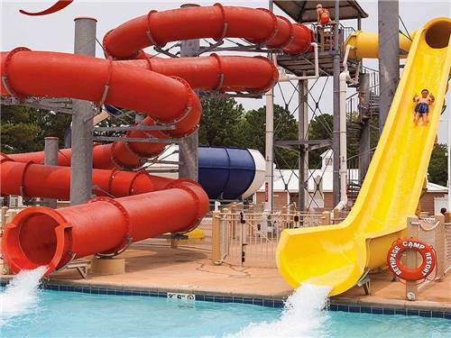 Red and yellow water slides at BETHPAGE CAMP-RESORT