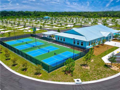 Aerial view of the pickle ball courts and office at ENCORE TERRA CEIA