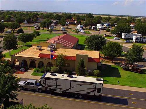 An overhead view of the main building at BIG TEXAN RV RANCH
