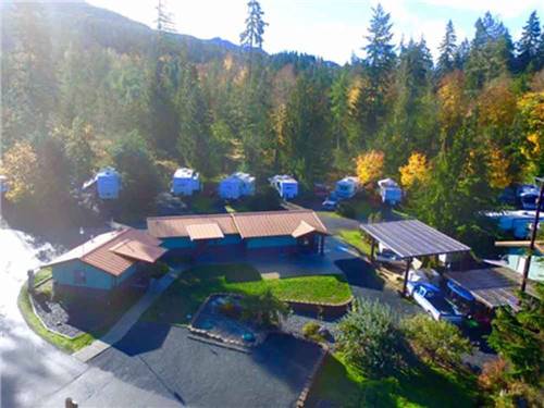 Aerial shot of RV park with rows of trailers at ELWHA DAM RV PARK