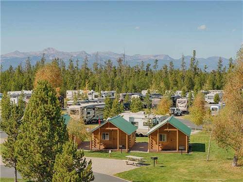 An aerial shot of the camping cabins and RV sites at YELLOWSTONE GRIZZLY RV PARK
