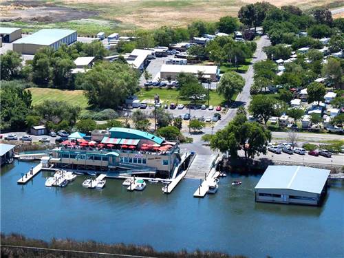Aerial view of park and barge at SUGAR BARGE RV RESORT AND MARINA