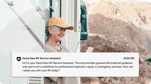 Woman using a mobile device with a text message overlay from Good Sam RV Service Assistance that explains the tool provides general guidance, not professional repair or emergency services, and asks how it can help with her RV today.