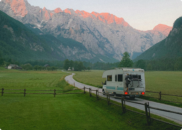 RV in mountain landscape