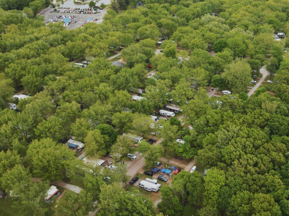 Aerial view of the park among dense trees at Indiana Beach Campground