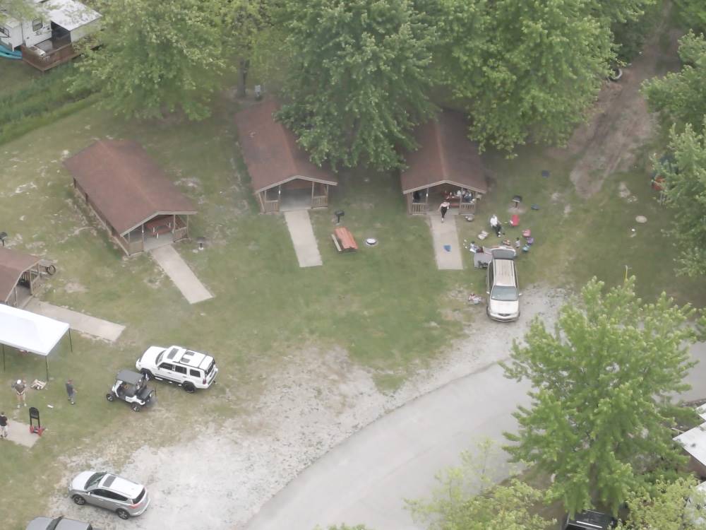 Sky view of the rental cabins at Indiana Beach Campground