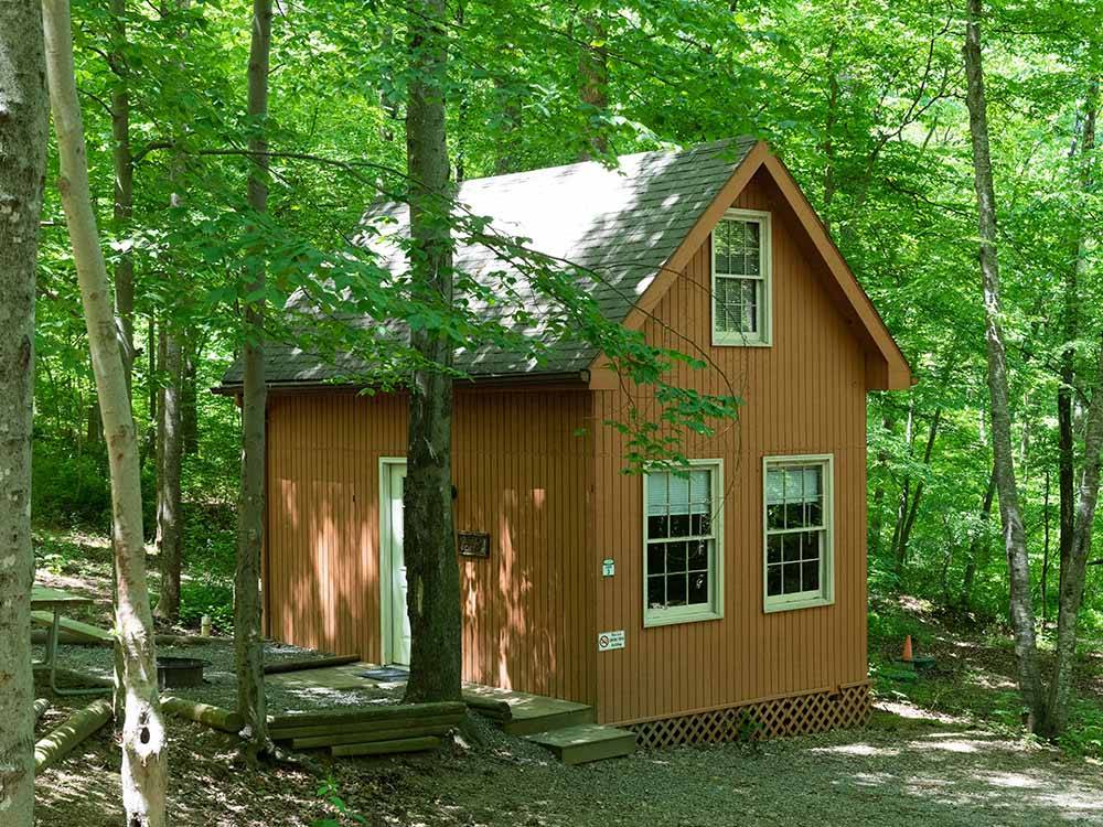 Small rental camping cabin in woods at MISTY MOUNTAIN CAMP RESORT