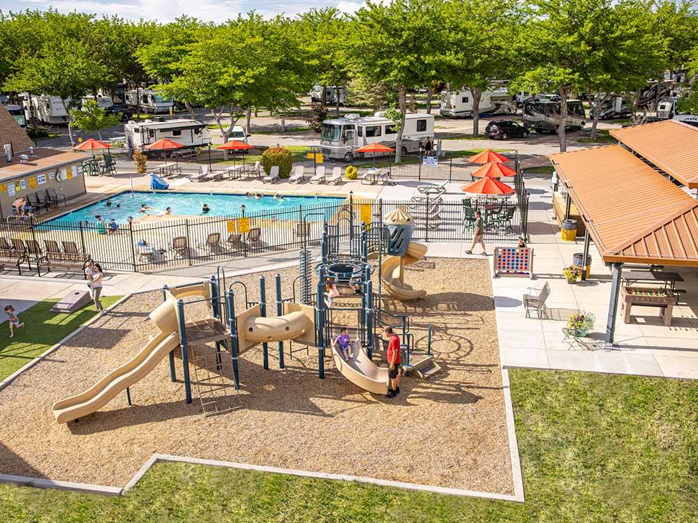 An aerial view of the playground and swimming pool at SALT LAKE CITY KOA