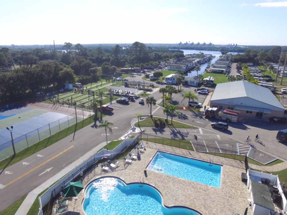 An aerial view of the pools and RV sites at UPRIVER RV RESORT